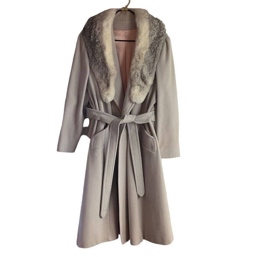 Vintage Elegant Gray beige Women's long belted Coat with Fur Collar L/XL